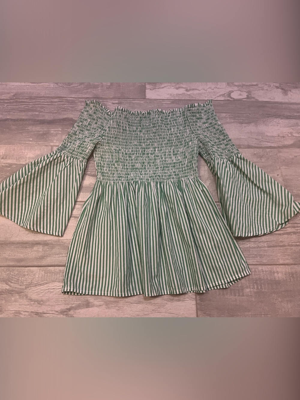 Ci Sono Off-Shoulder Green Stripe Smocked Peplum Top